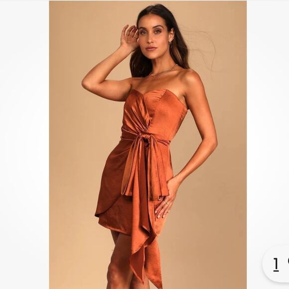 NWT Lulu's Copper Bronze Rust Satin Dress sweetheart neckline strapless Mini - Picture 1 of 10